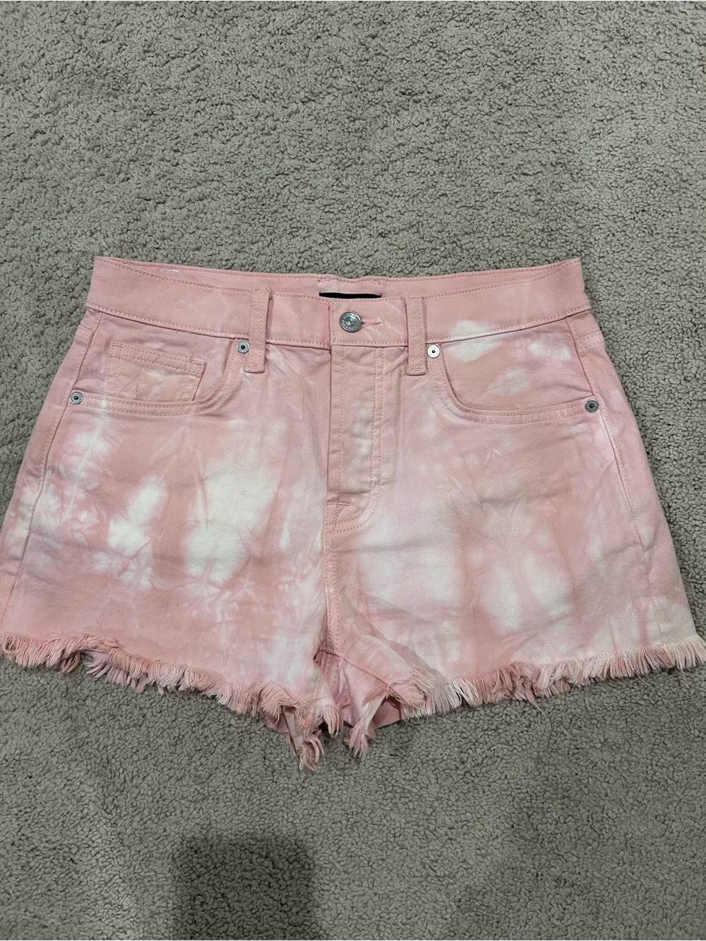 7 For All Mankind Pink Tie-Dye Frayed Hem Denim Shorts